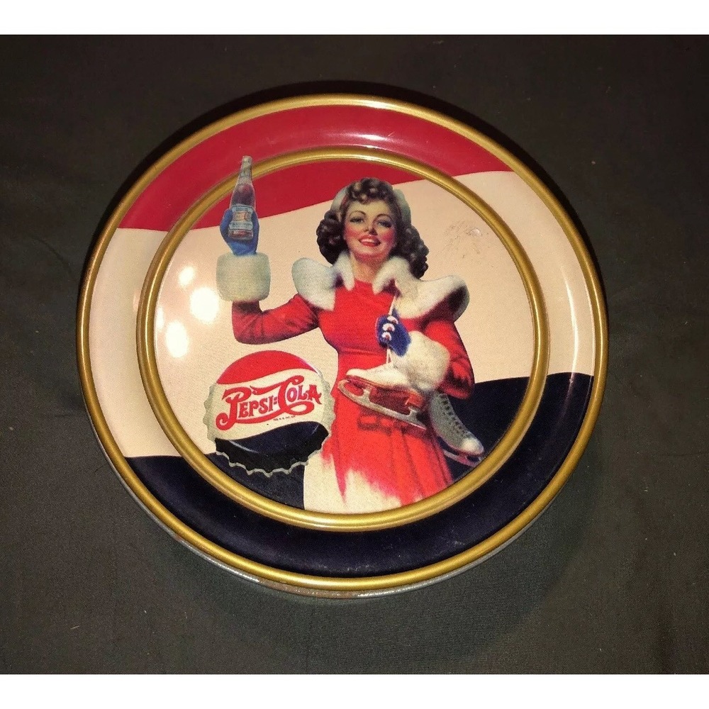 Pepsi‎ Cola Round Tin Olive Lid 1995 Christmas Ice Skating Girl vintage style 7"